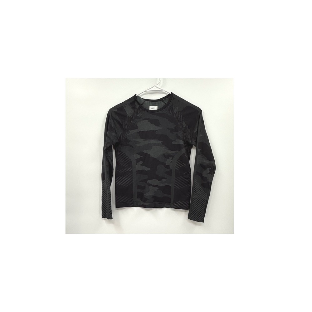 Athleta Girl M 8-10 Momentum Long Sleeve Top Black Camo Seamless Thumbholes